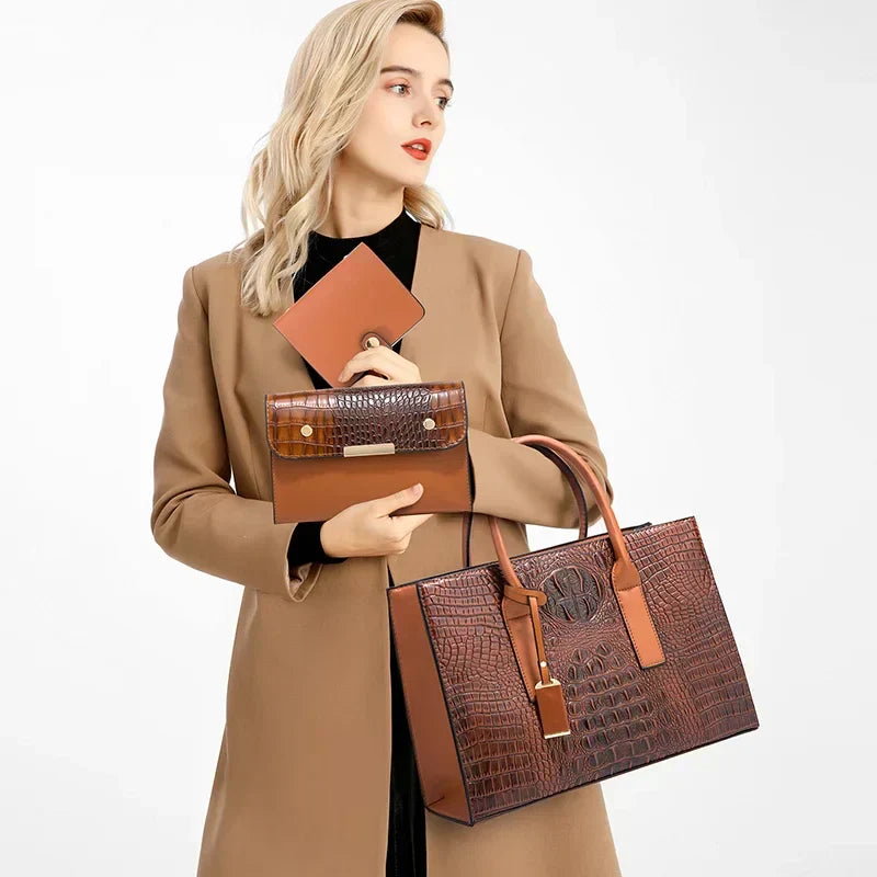 OMNIYA™ | Elegante set di borse con stampa coccodrillo, portafoglio e pochette