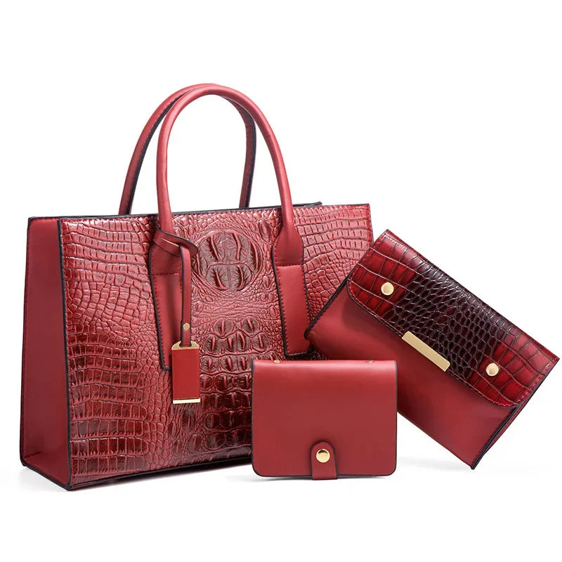 OMNIYA™ | Elegante set di borse con stampa coccodrillo, portafoglio e pochette