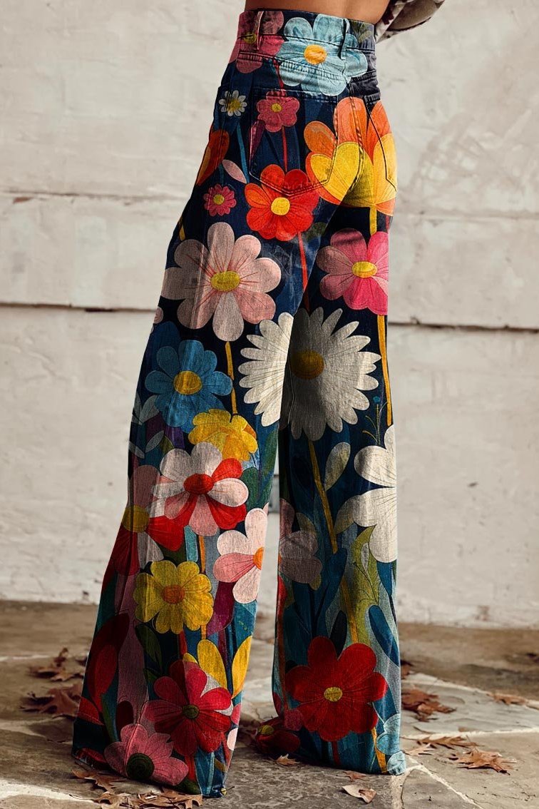 OMNIYA™ | Pantaloni vintage boho con stampa floreale vibrante