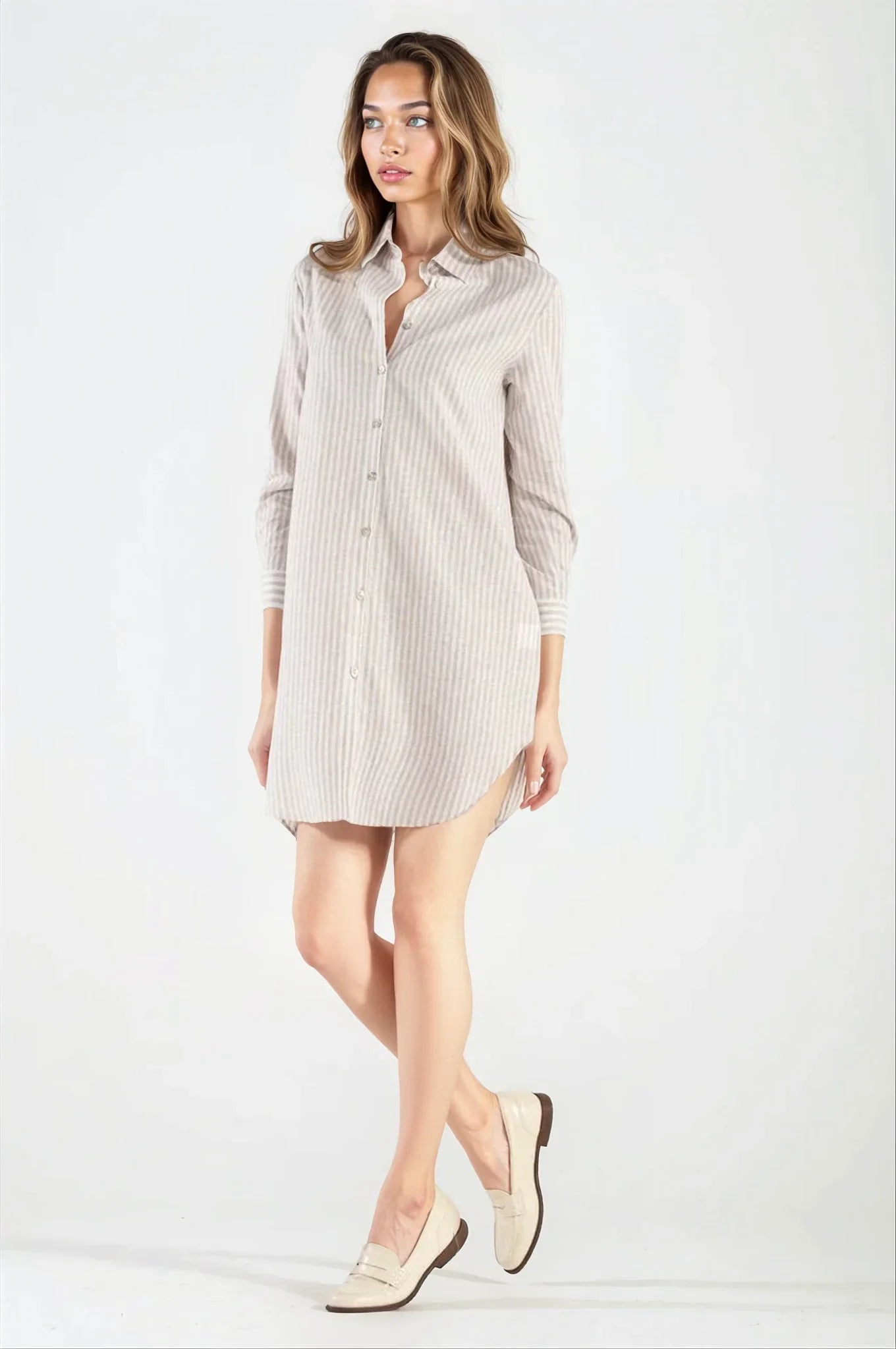 OMNIYA™ | Camicia Abito in Lino Beige