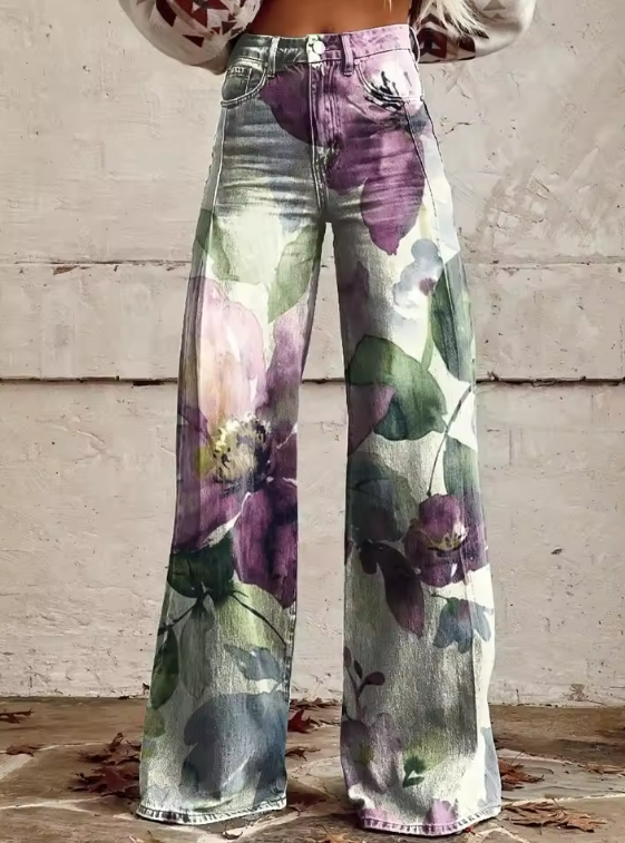 OMNIYA™ | Pantaloni vintage boho con stampa floreale viola