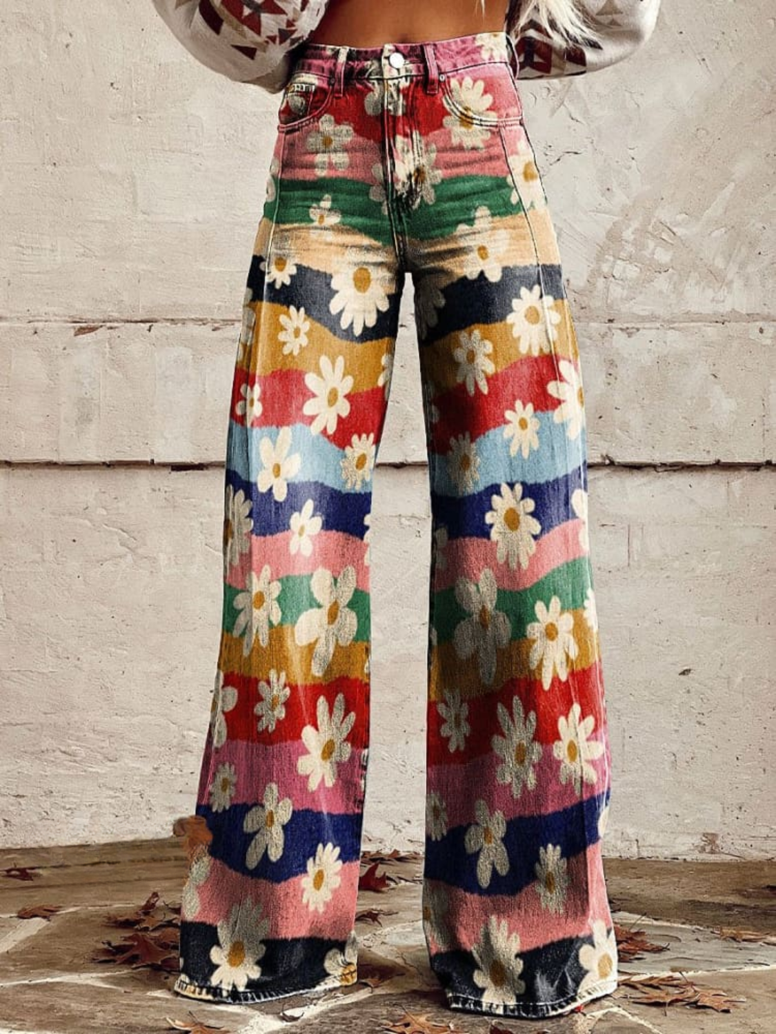 OMNIYA™ | Pantaloni vintage boho con stampa floreale a righe arcobaleno