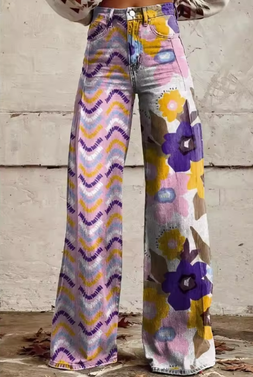 OMNIYA™ | Pantaloni vintage boho con stampa floreale viola e gialla