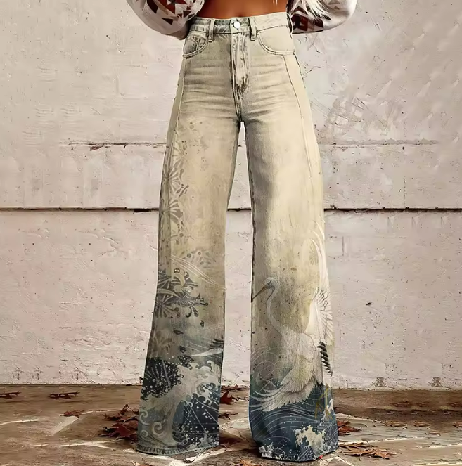 OMNIYA™ | Pantaloni vintage Boho con onde e uccelli beige