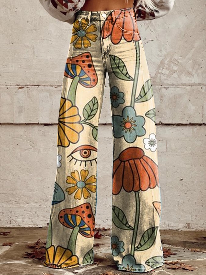 OMNIYA™ | Pantaloni vintage boho con stampa a fungo