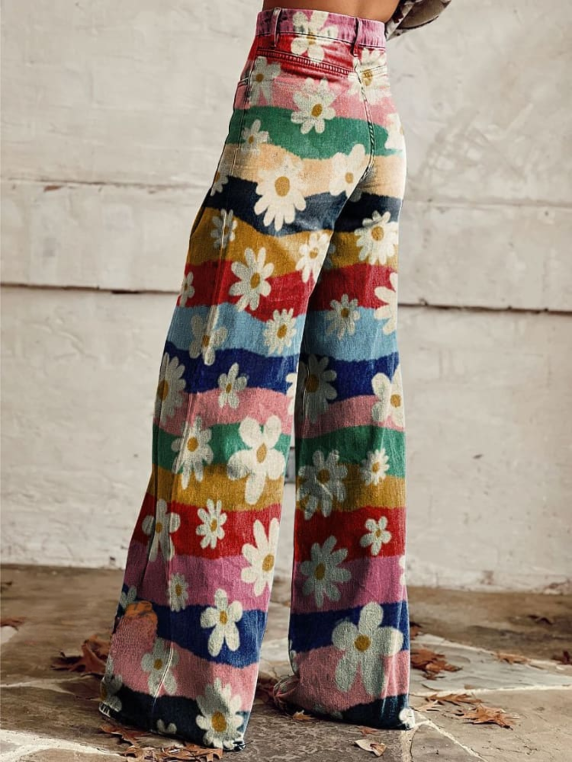OMNIYA™ | Pantaloni vintage boho con stampa floreale a righe arcobaleno