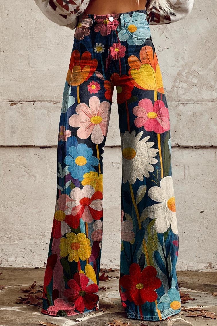 OMNIYA™ | Pantaloni vintage boho con stampa floreale vibrante