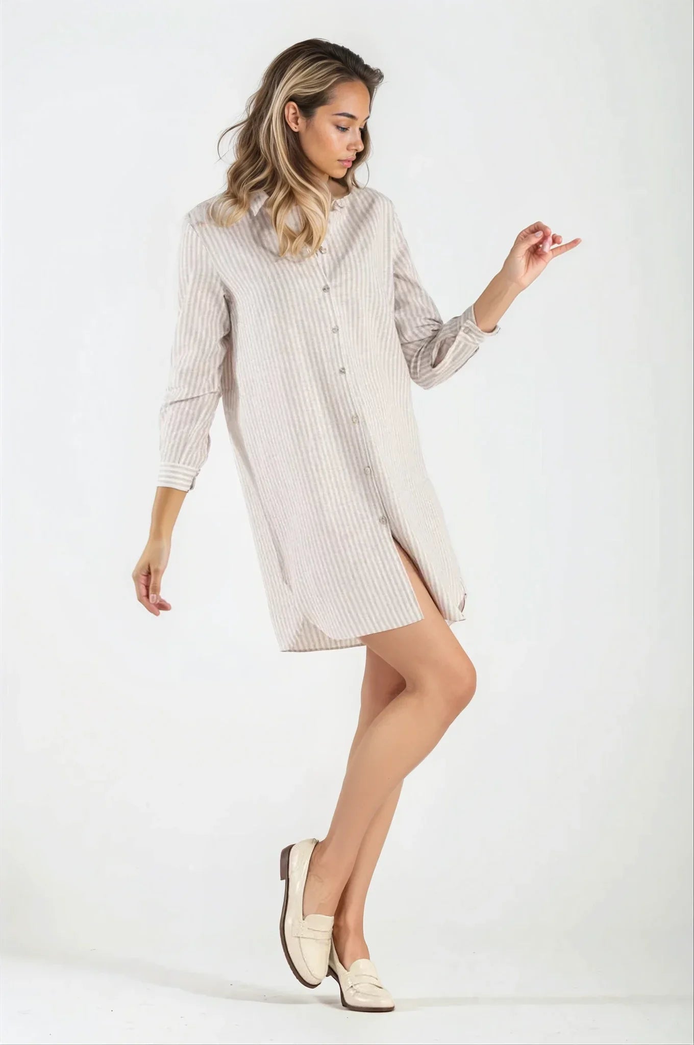 OMNIYA™ | Camicia Abito in Lino Beige